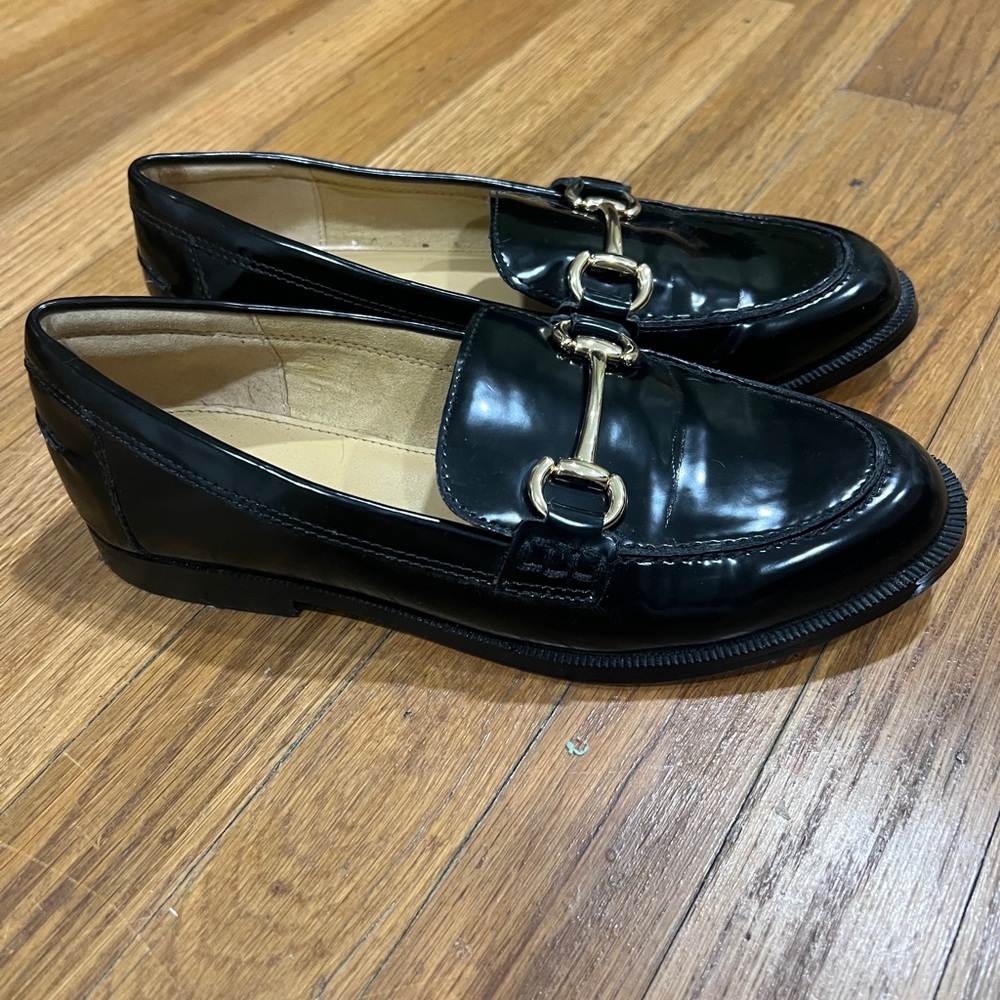 J. Crew Shiny Black Loafers with Gold Accent